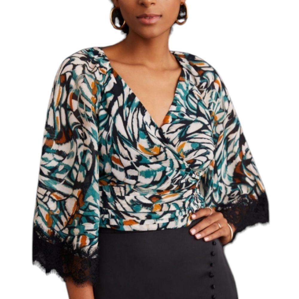 Anthropologie top‎ flutter sleeve wrap shirt blouse kimono artsy XS
